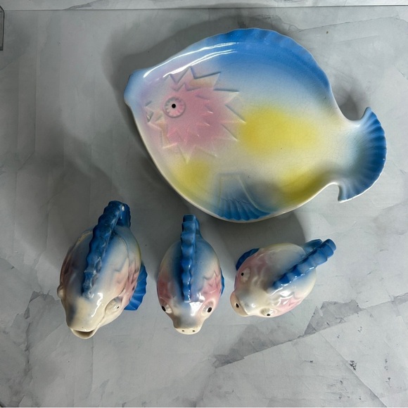 Vintage Kitsch Porcelain Fish Cruet Set 1950s 1960s - 5 Piece Set Tray Japan - Picture 14 of 14